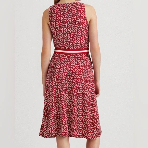 Lauren Ralph Lauren Red and White Chain Link Patterned Belted Midi Dress - Picture 3 of 11